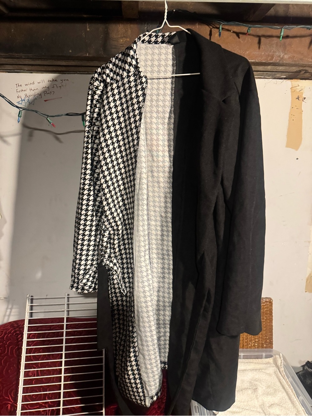 SHEIN Black Trench Coat with Black-and-White Houndstooth Lining